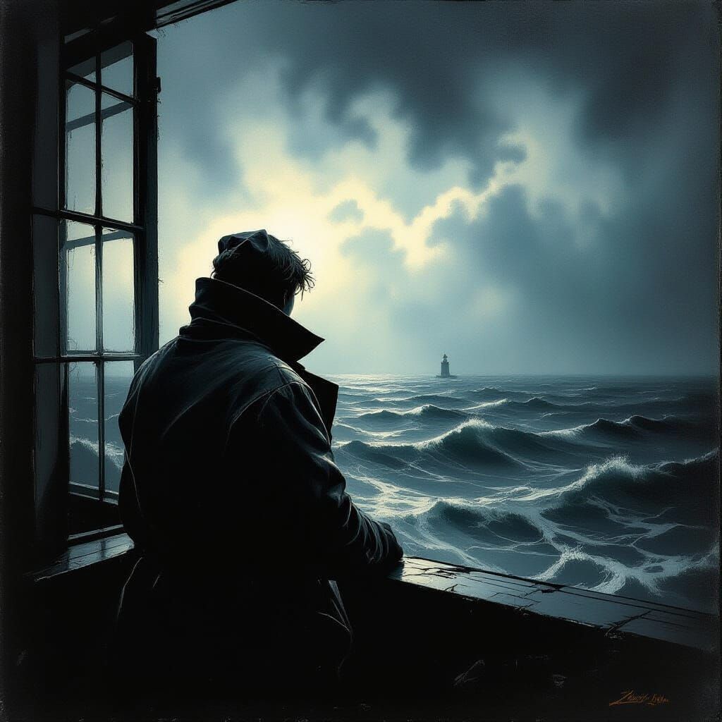 Lighthouse Keeper in Stormy Darkness: Dark Academia Art
