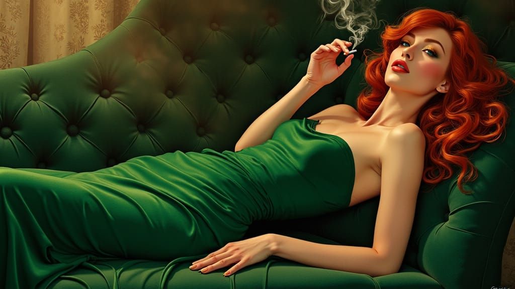 Redhead in Green Dress Smoking, Art Nouveau Style