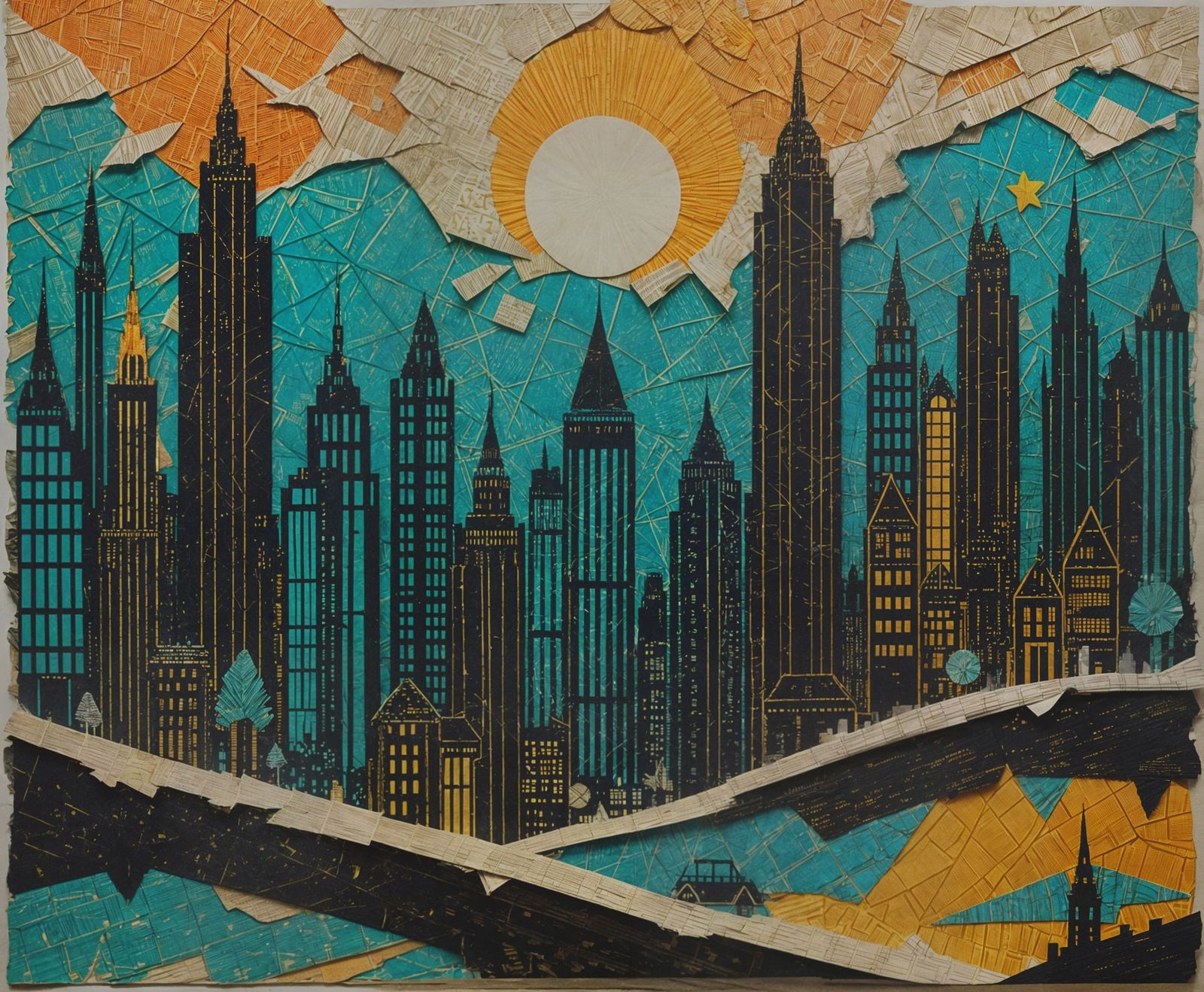 Mysterious Luminous Metropolis in Textured Paper Style