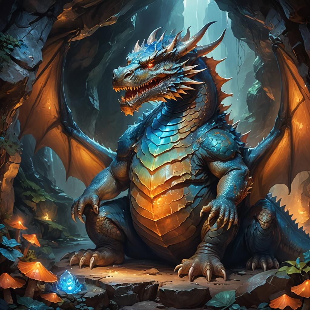 Fantasy Dragon with Iridescent Scales in Mystical Cave