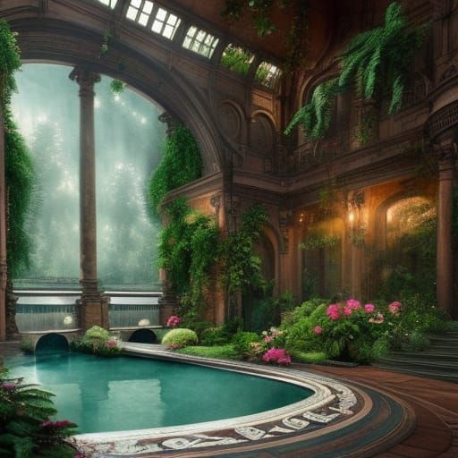 Antique Bath House with Pools and Plants