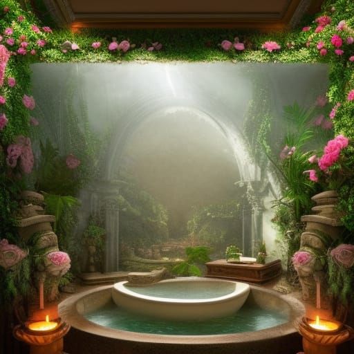 Antique Bathhouse with Pools and Roses: Digital Painting