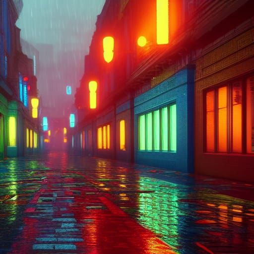 Colorful Rainy Street at Night: Digital Matte Painting