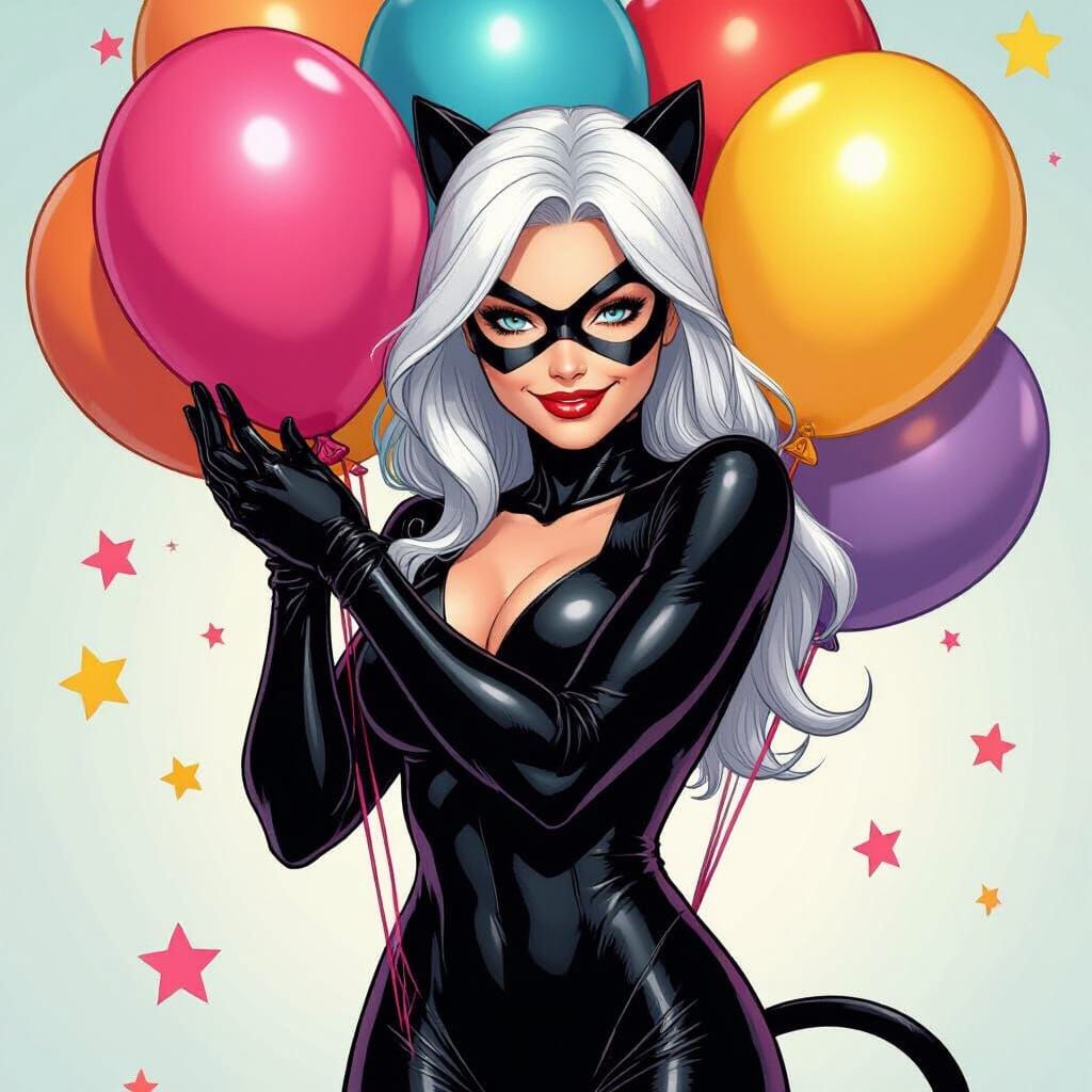 Black Cat Celebrates with Birthday Balloons in Comic Style