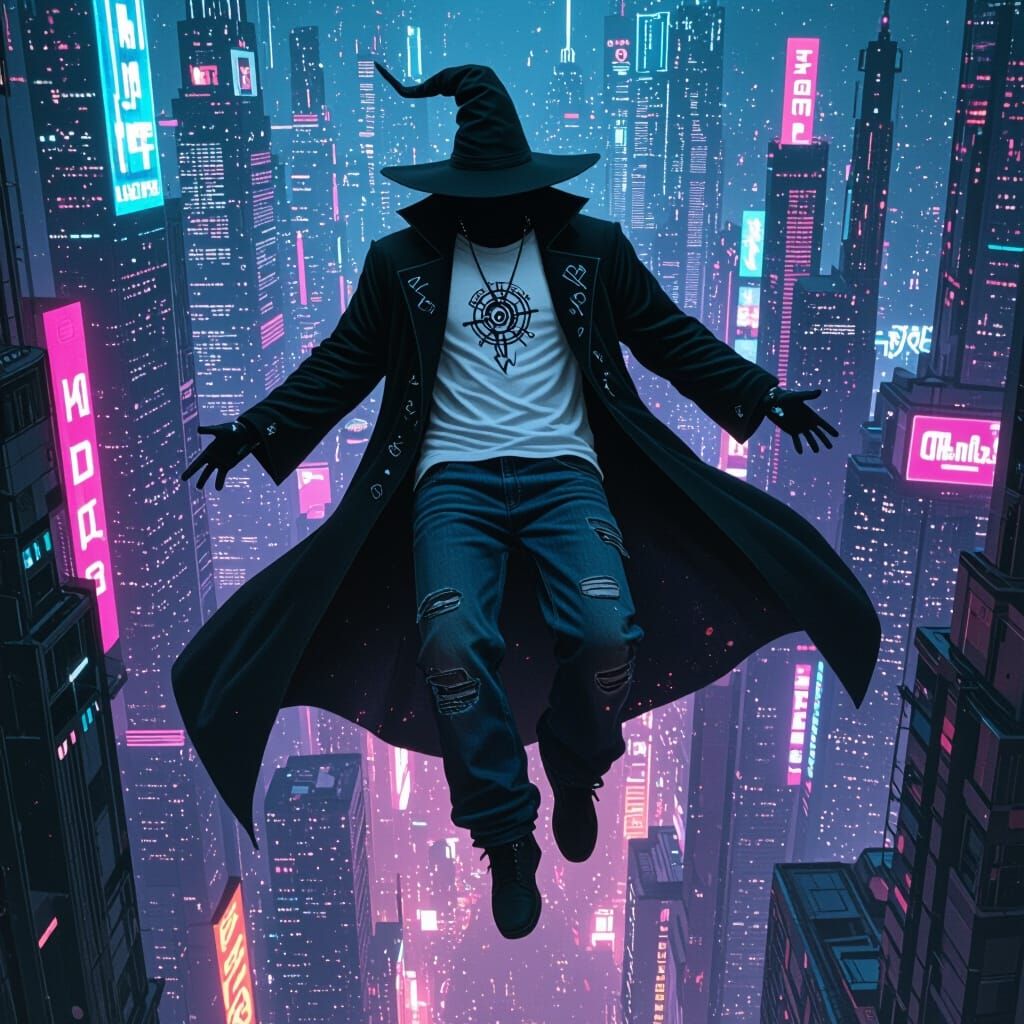 Wizard Flies over Cyberpunk Cityscape