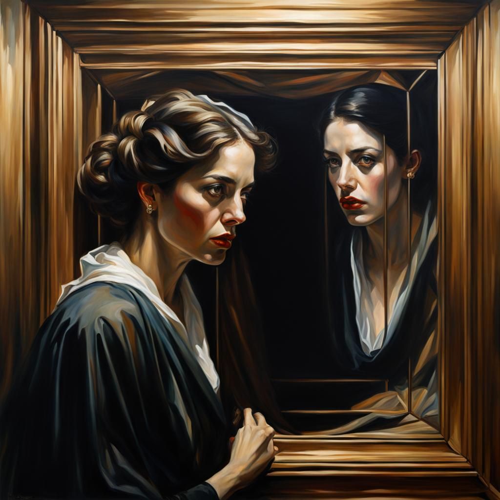 women frustrated inside optical structure, suspense