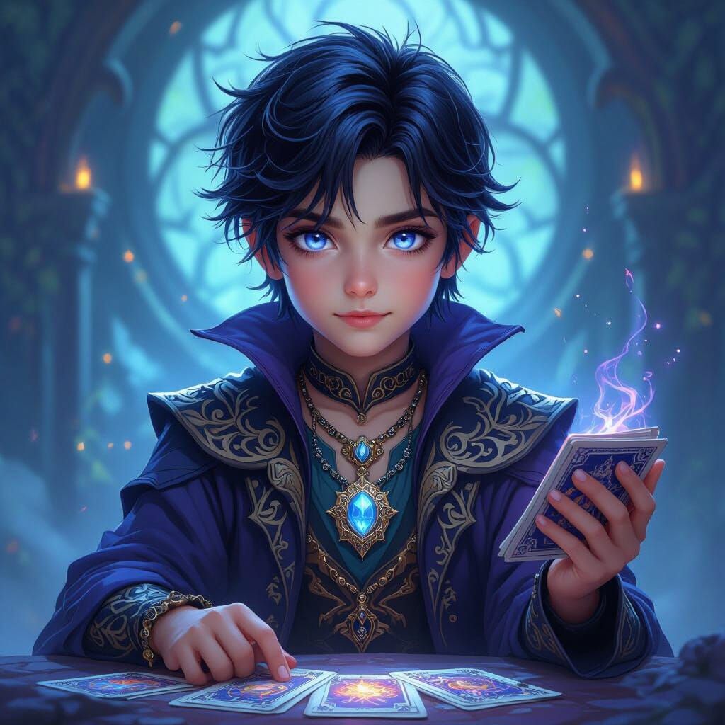 Mystical Clairvoyant Boy with Tarot Cards