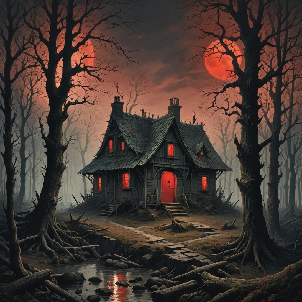 Sinister Cottage Under Red Moon in Gloomy Forest