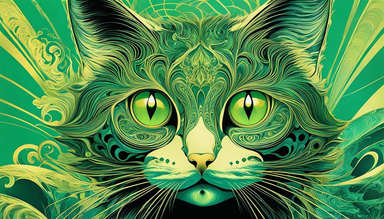 Surreal Green Cat's Dreamy Catch in a Fractal Pond