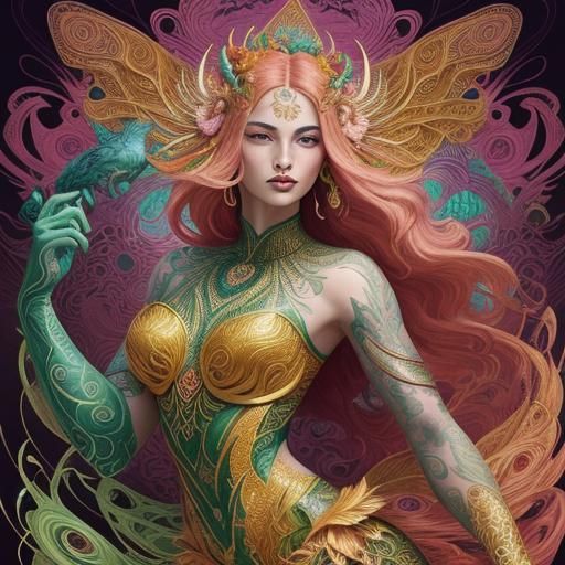 Dragon Peacock Woman in Abstract Expressionism