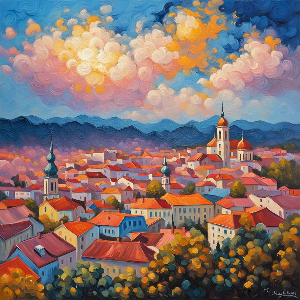 Vibrant Expressionist Cityscape of Nitra as Oil Painting