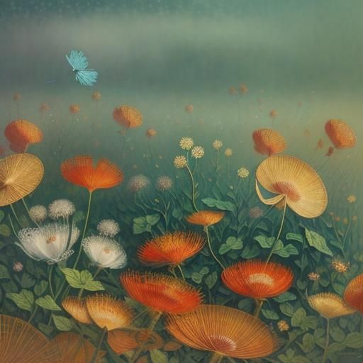 Thistle Flowers in Autumn Fog: Impressionistic Pointillism