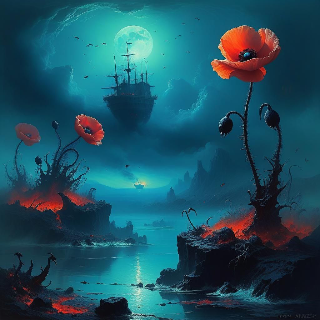Sinister Carnivorous Poppy in Fantasy Doomsday Mood