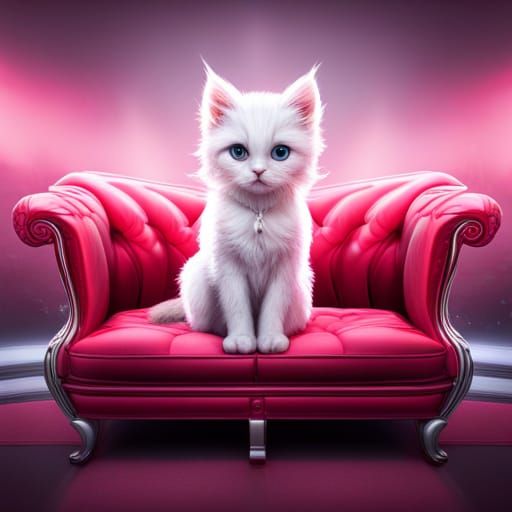 white Kitten with red wings sitting on a pink couch