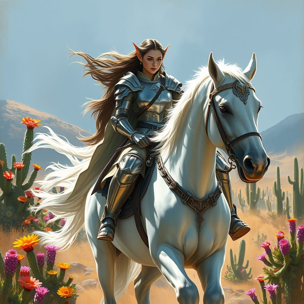Elven Warrior on White Horse in Blooming Landscape, Fantasy ...