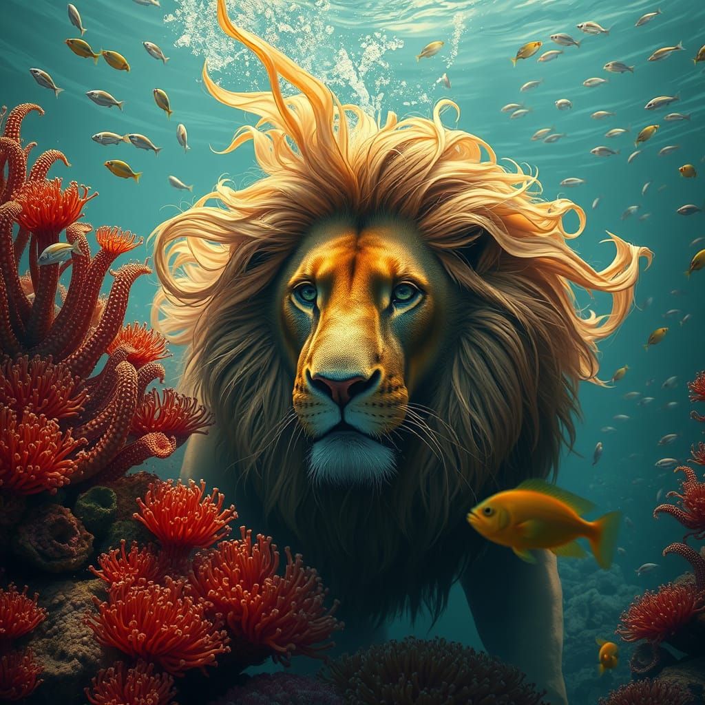 Underwater Lion in Deep-Colored Matte Painting Style