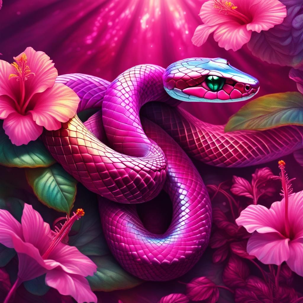 Magenta Snake Among Hibiscus Flowers, Holographic Concept Ar...