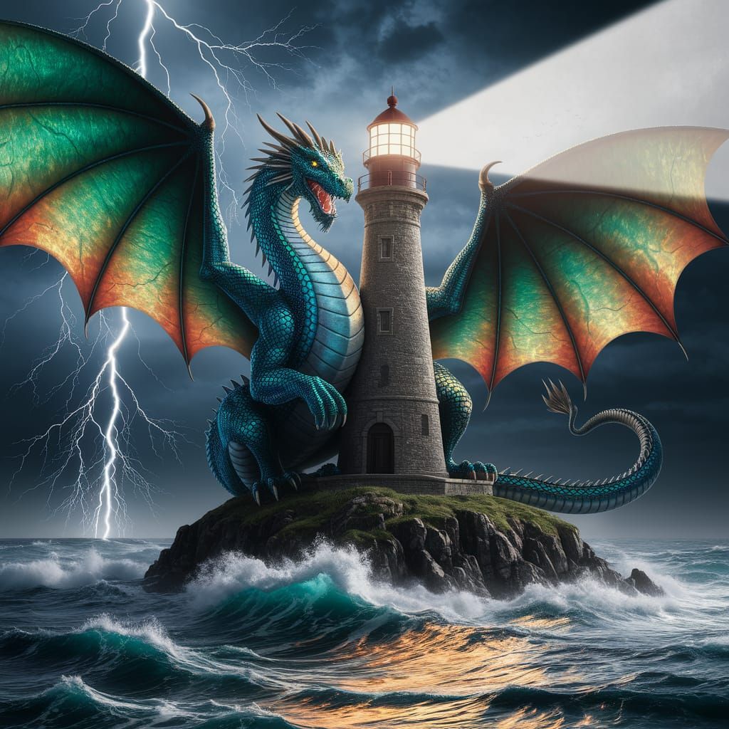 Dragon Protecting Lighthouse in Stormy Sea