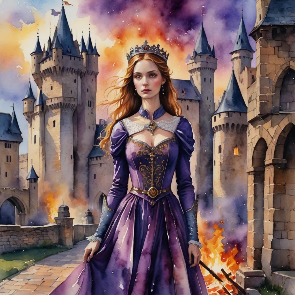 Burning Castle: Royal Woman's Despair in Watercolor