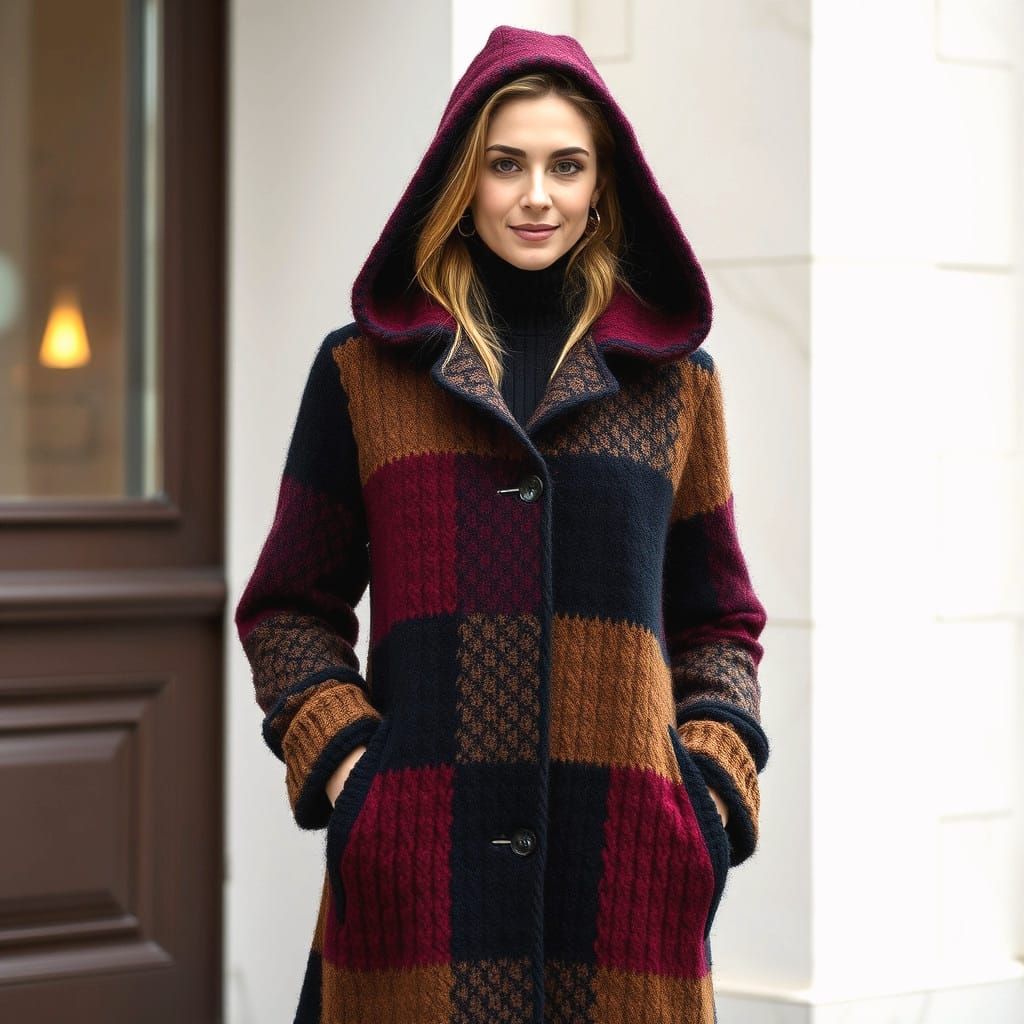 Knitted Tweed Winter Coat with Hood