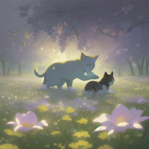 Mint Kitten in Flower Field: Whimsical Anime Art