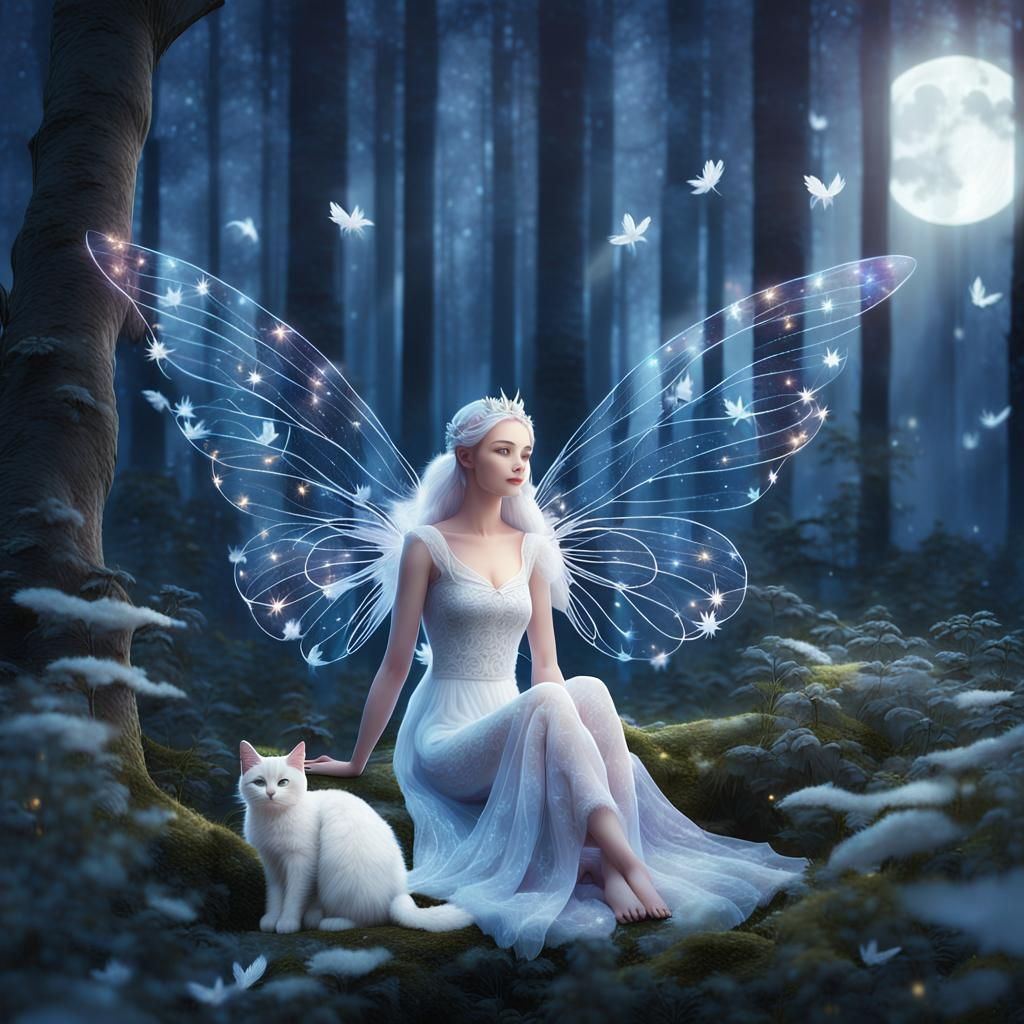 Fairy with Cat in Moonlit Forest: Fantasy Illustration