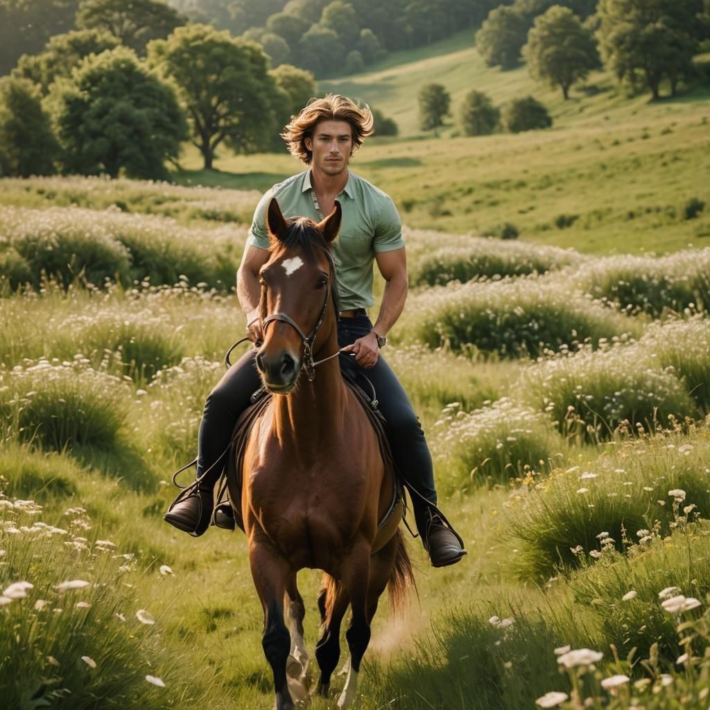 Handsome Man Riding Horse Through Green Meadow