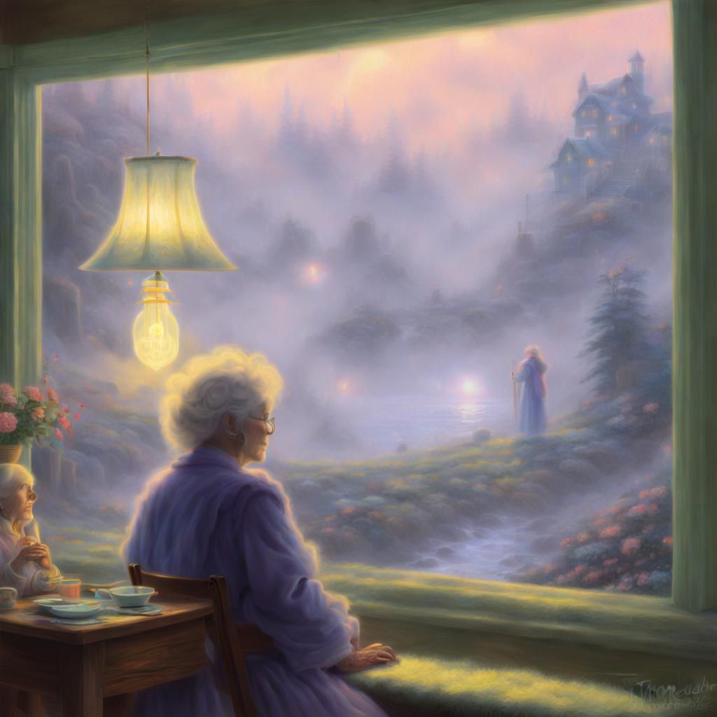 Ethereal Fantasy: Old Woman Watching Man Drift Away