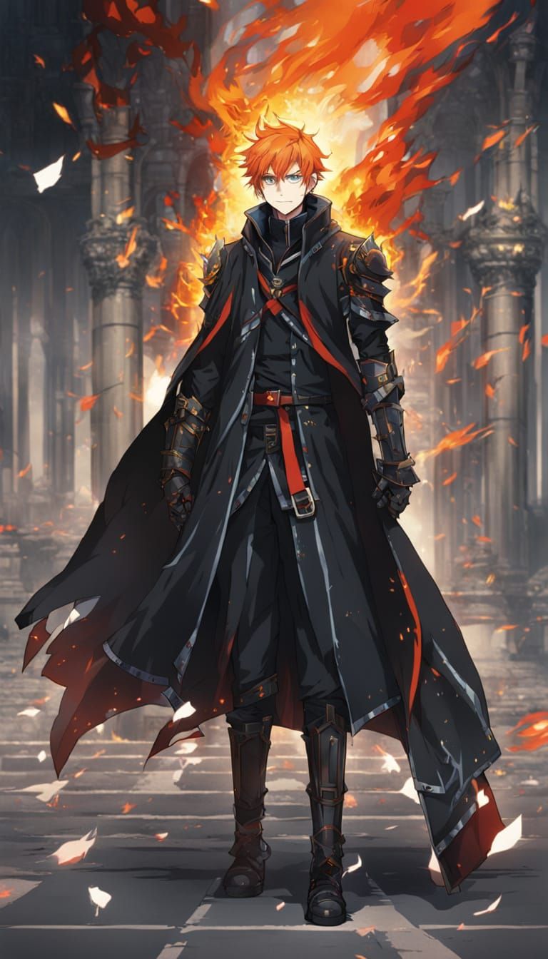 Fiery Anime Hero in Ruins