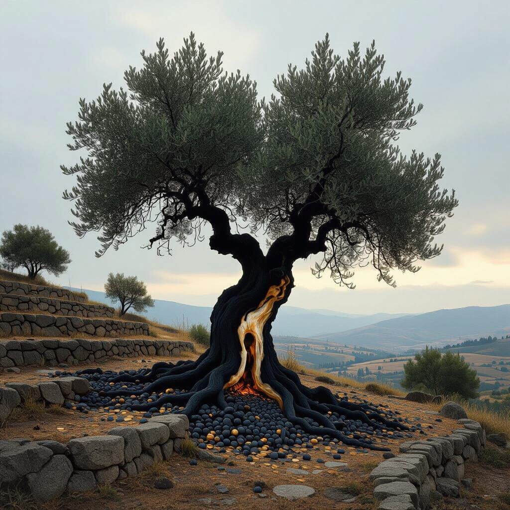 Charred Olive Tree on a Hillside in Digital Art Style