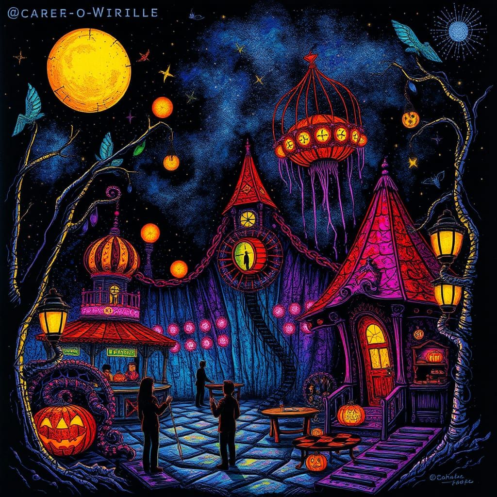 Halloween Amusement Park in Pointillist Fantasy Style