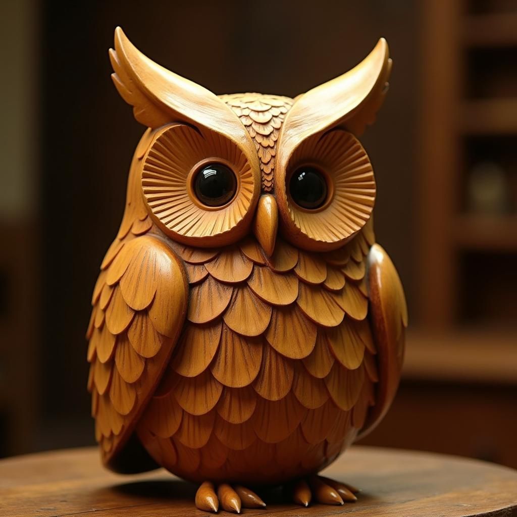 Golden Wooden Owl Sculpture