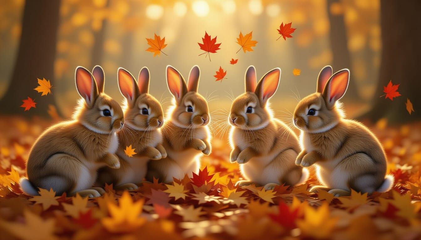 Cute Fluffy Rabbits Scattering Autumn Leaves in Kinkade-Insp...