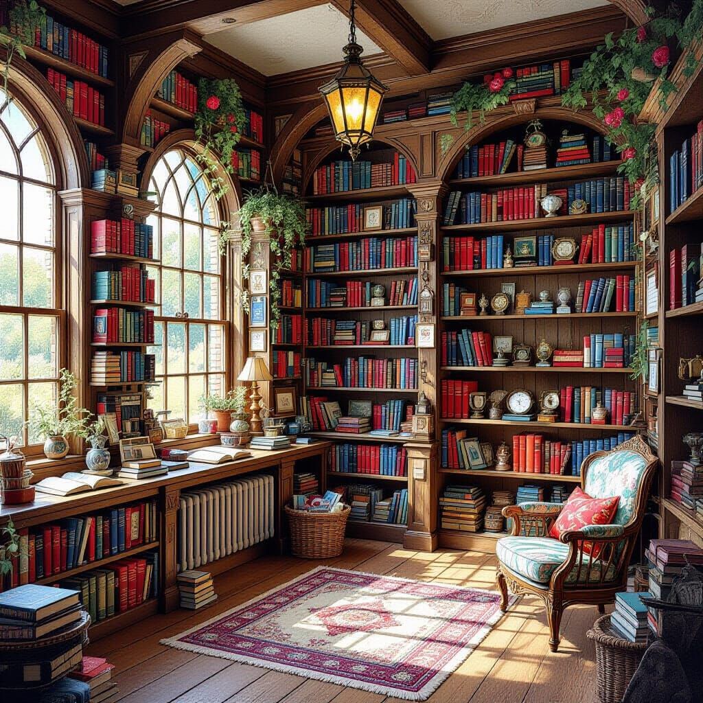 Cozy Library Scene in Detailed Pencil Drawing Style