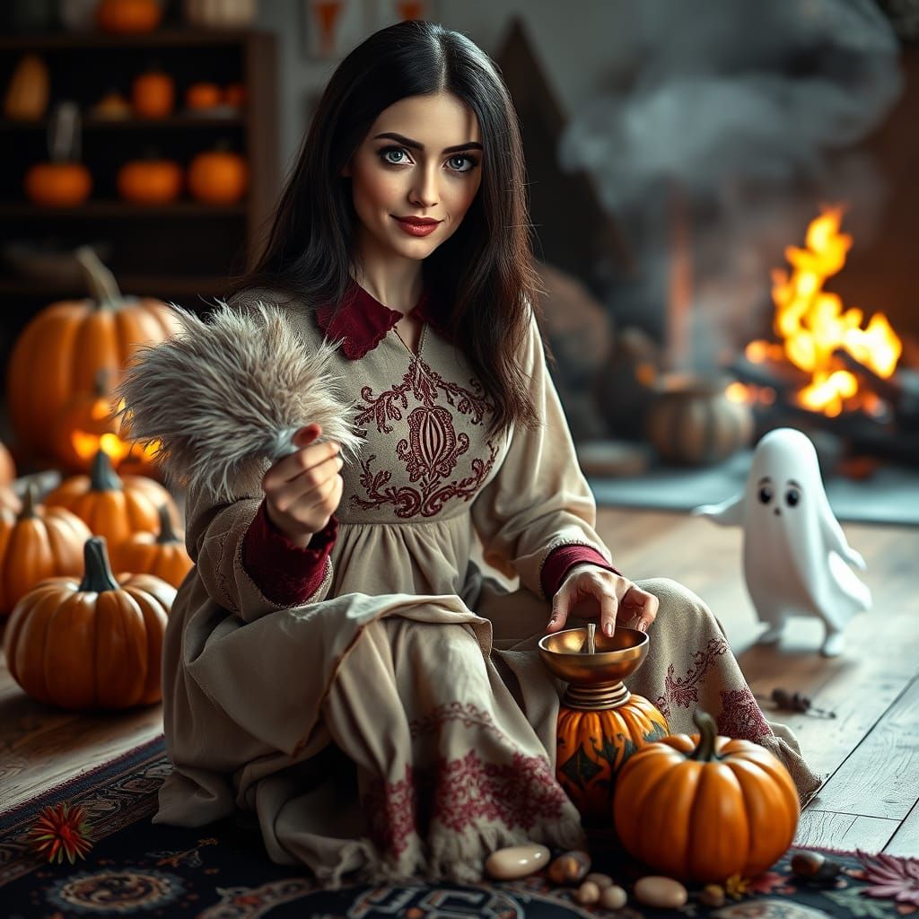 Woman Cleaning Esoteric Objects with Ghost