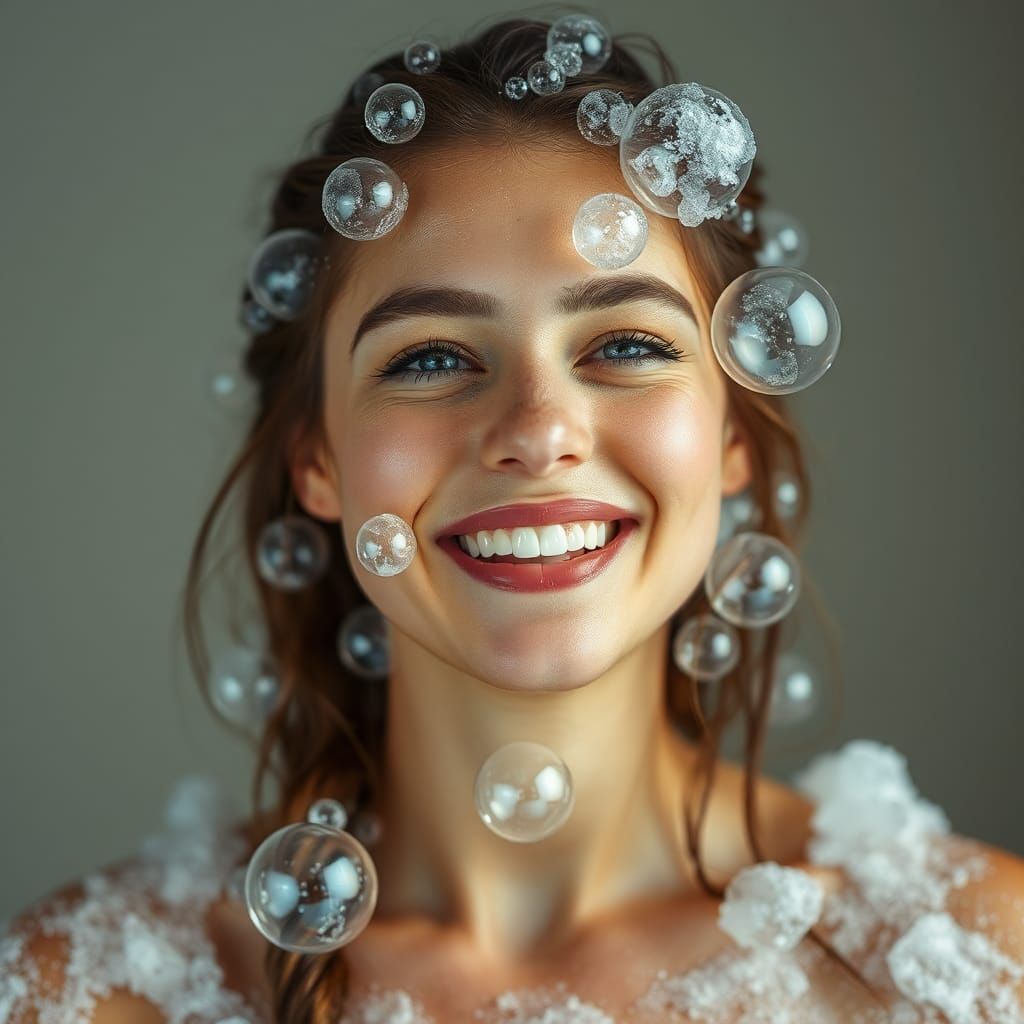 Smiling Woman Covered in Soap Bubbles