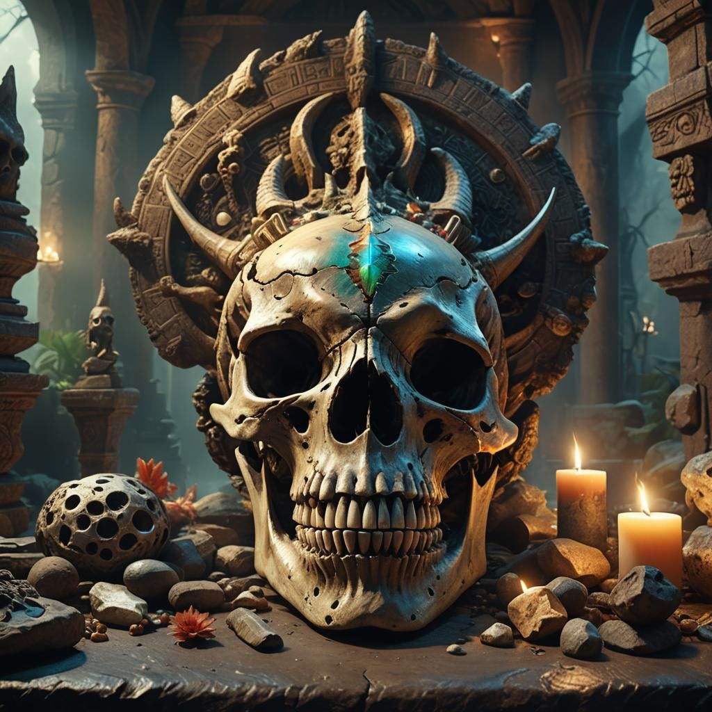 Mystical Dinosaur Skull on Ancient Altar