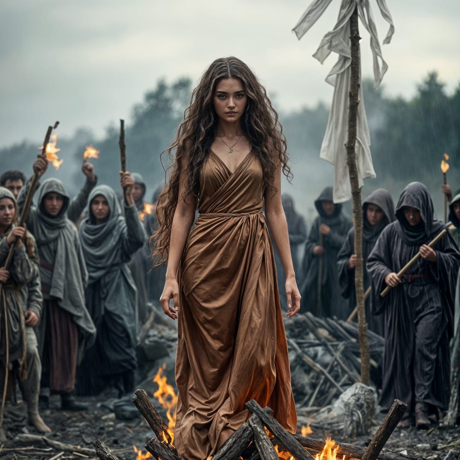 Accused Witch on a Pyre in the Rain