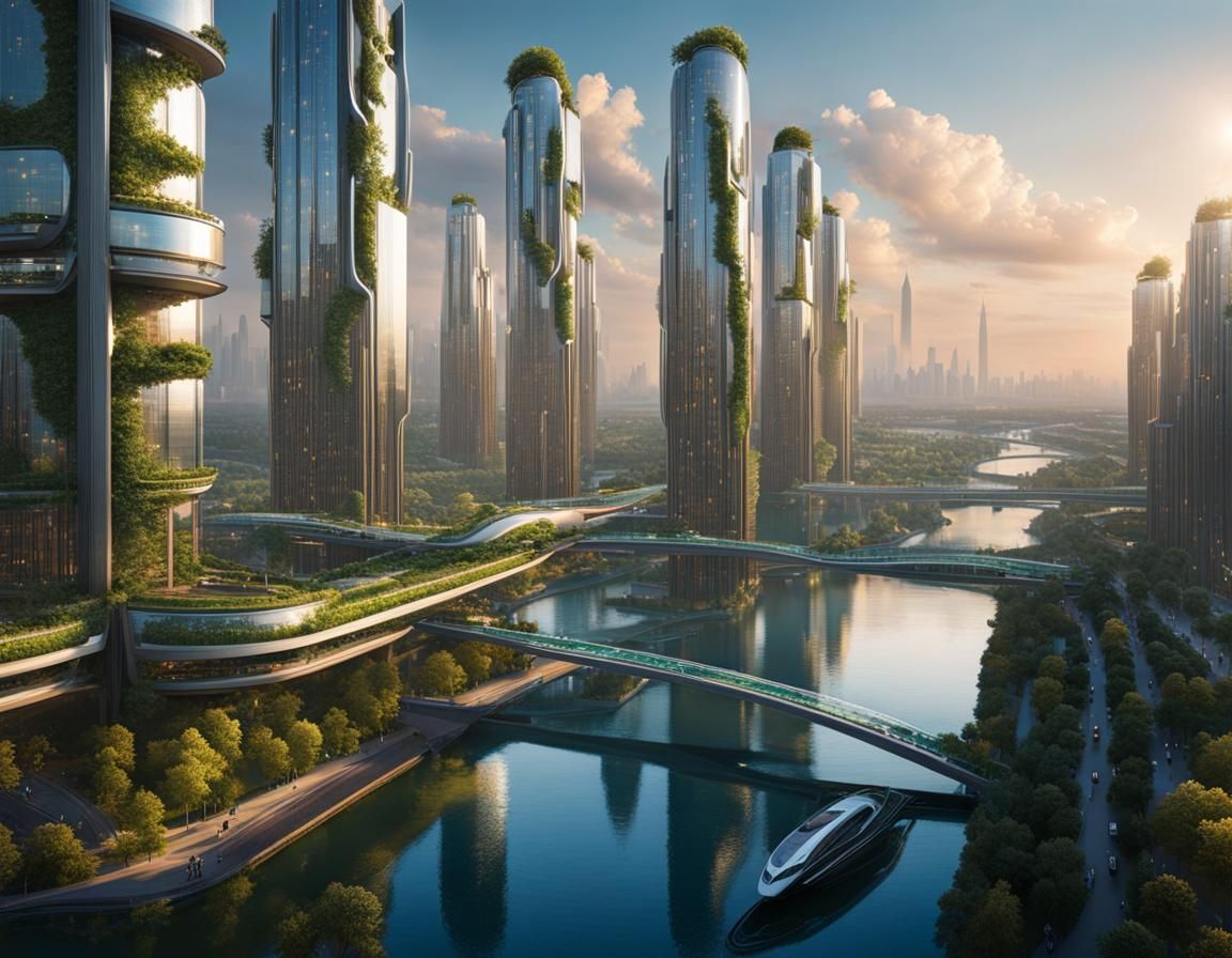 Futuristic Utopian Cityscape at Magic Hour