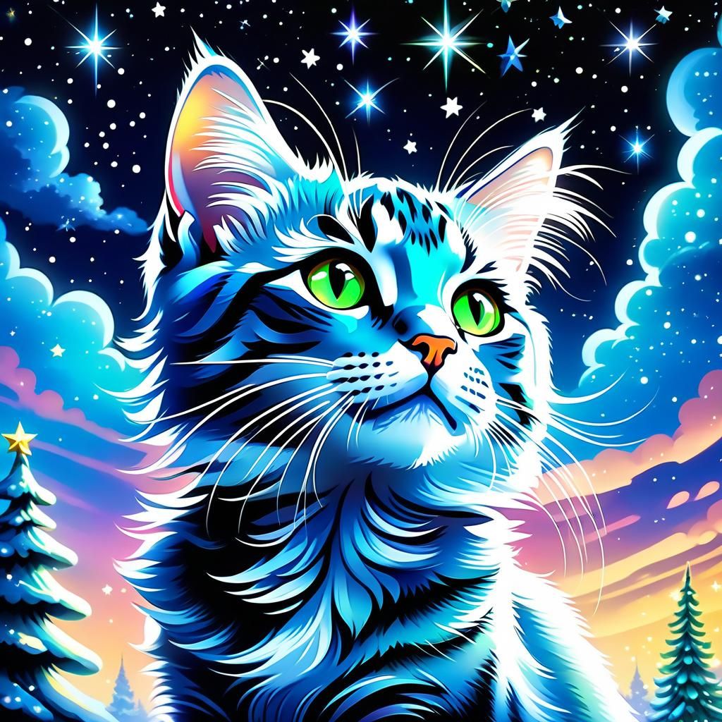 Starlight Cat in Starry Christmas Scene