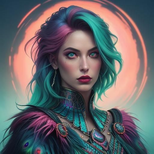Spectrum Woman Portrait with Peacock Feather Hair