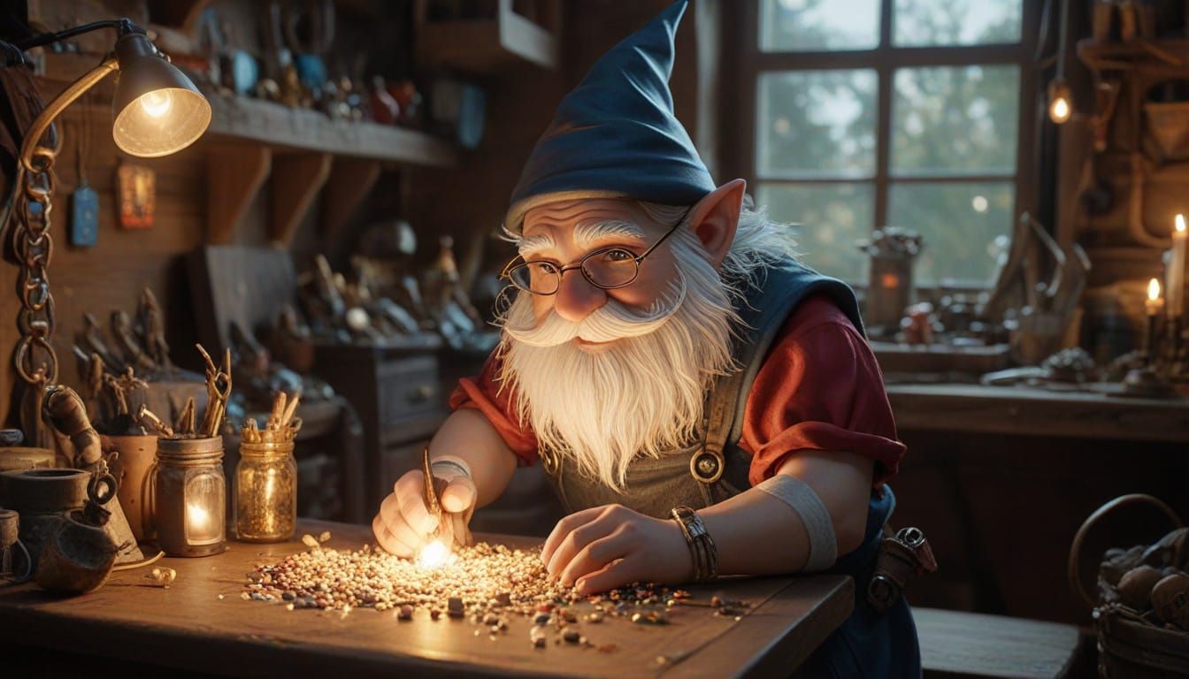 Gnomish Jeweler Crafts Enchanted Trinkets in Cozy Workshop