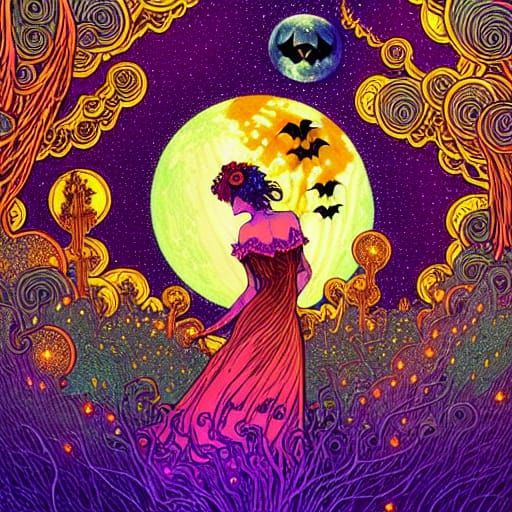 Halloween Goddess with Pumpkins in Art Nouveau Style