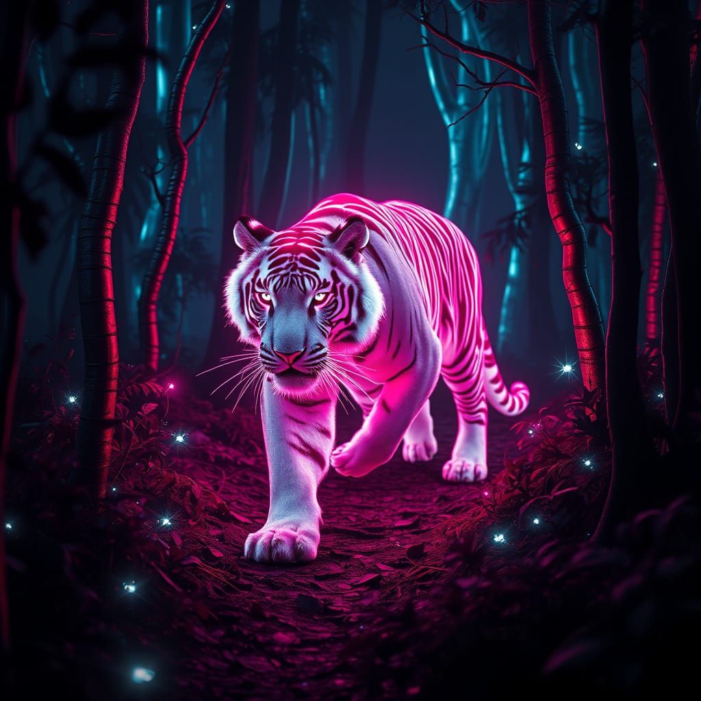 Neon White Tiger Prowls Futuristic Forest in Synthwave Style
