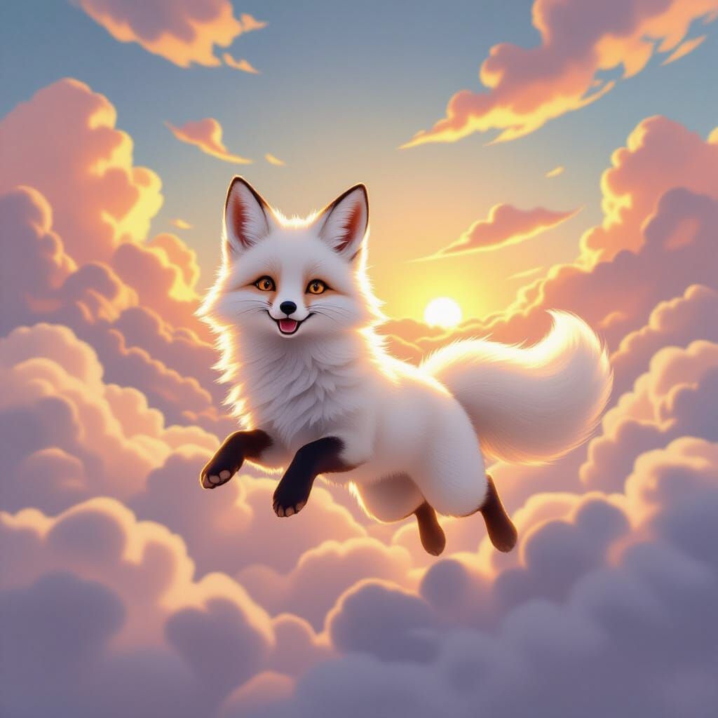 Adorable Cloud Fox Leaping at Golden Hour Sunset