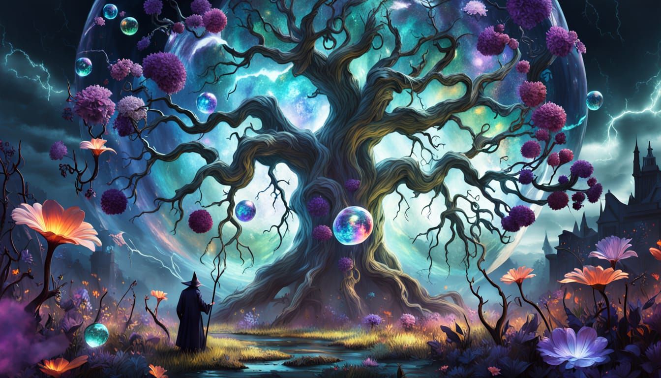 Fantasy Tree Split by Lightning with Nymphs and Wizard