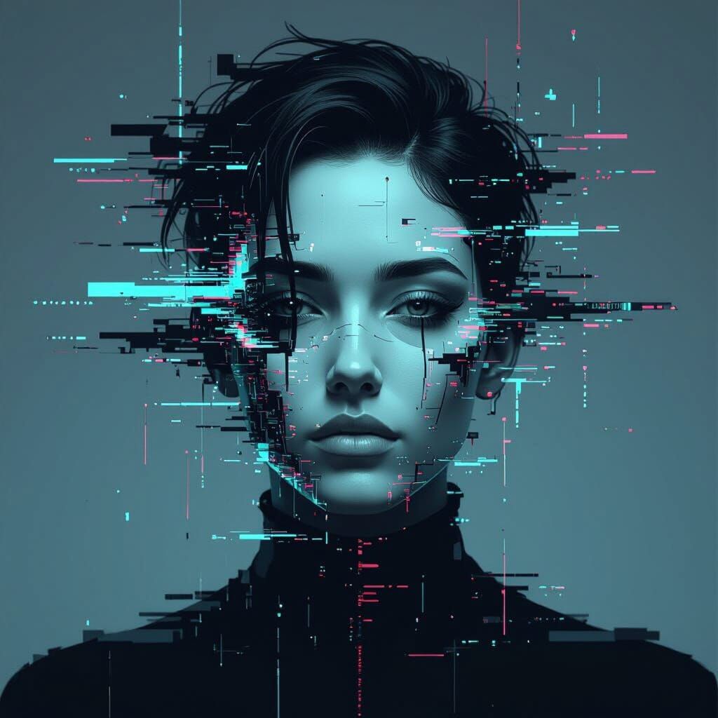 Distorted Digital Face Emerging from Darkness