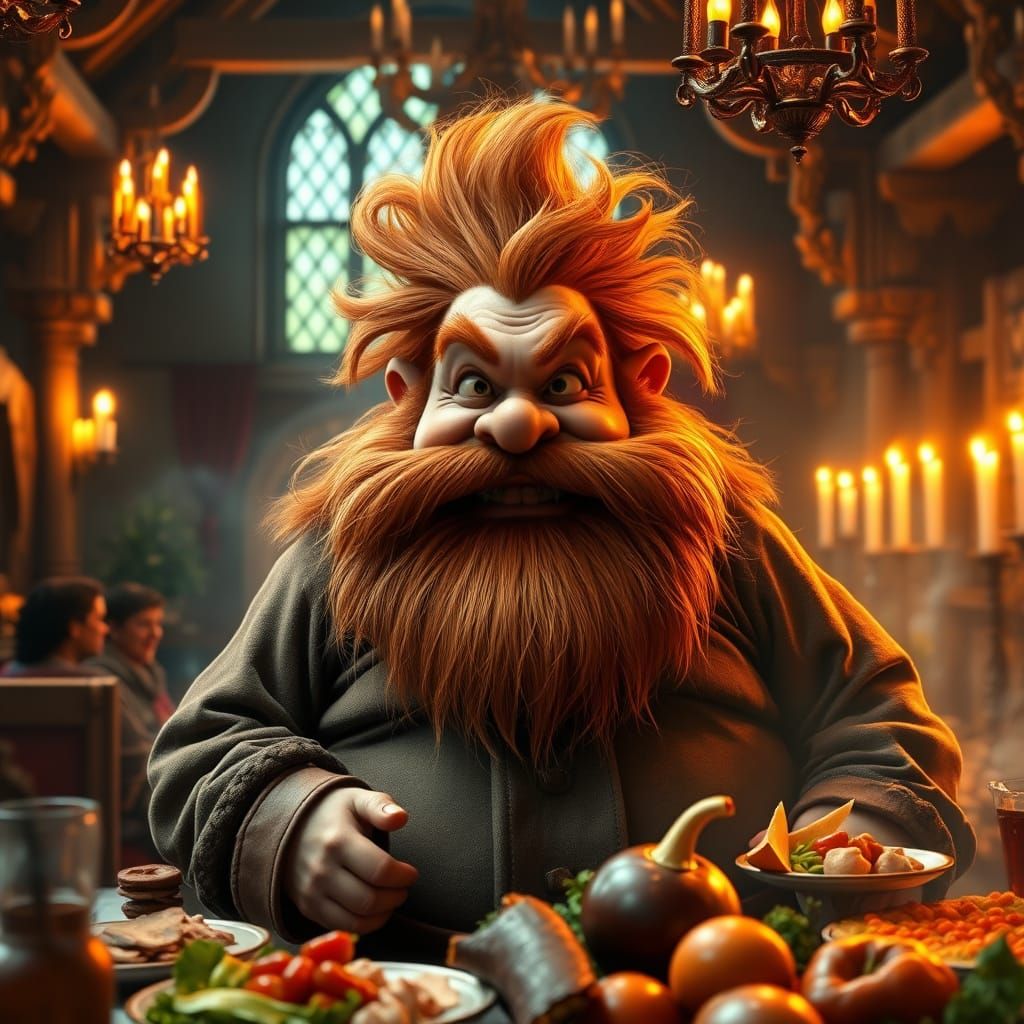 Jovial Dwarf Savoring Medieval Feast in Grand Dining Hall