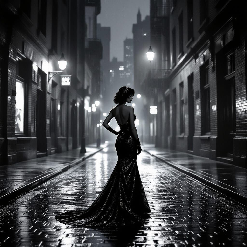Showgirl in Art Deco Gown on Gritty City Street