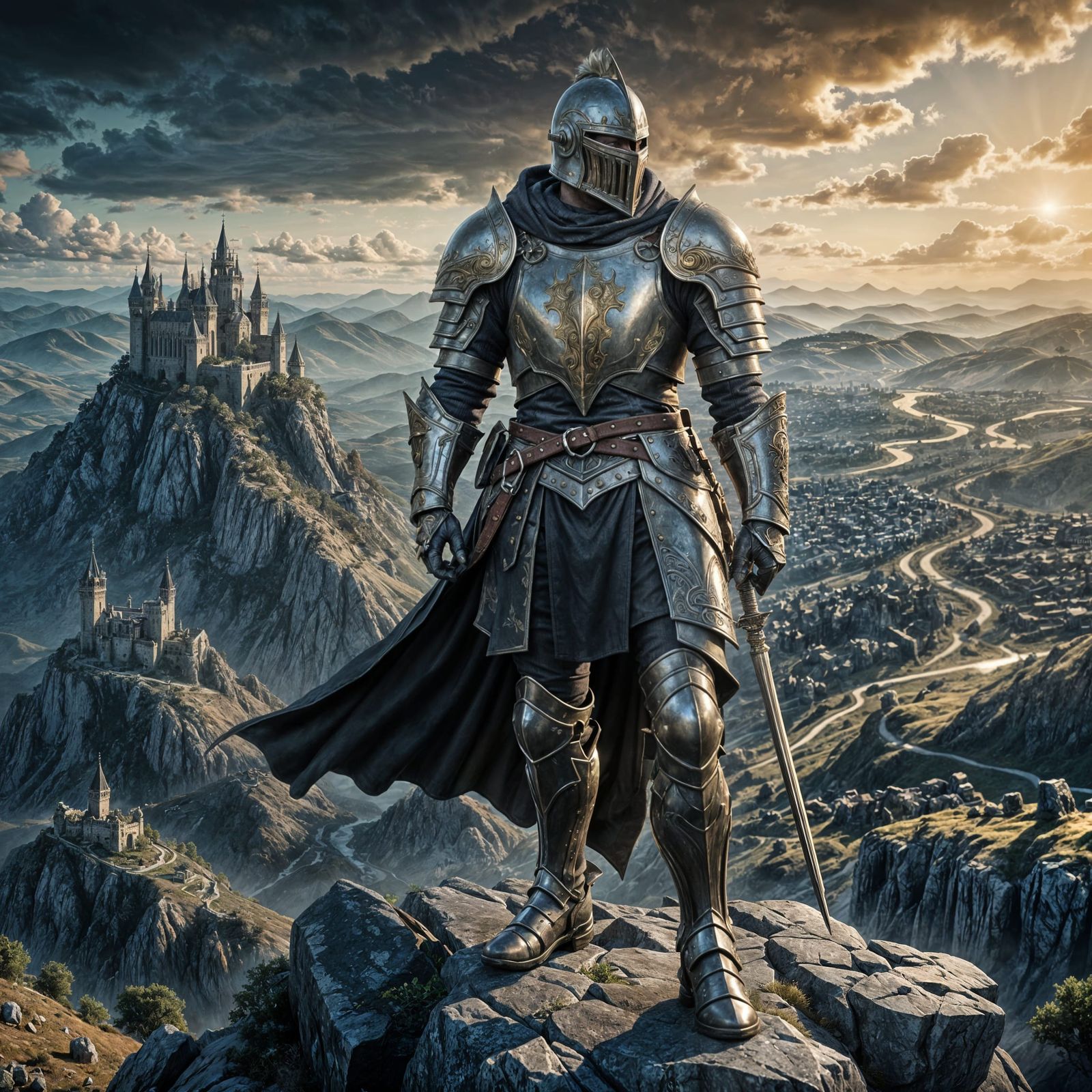 Stoic Knight Gazing at Distant Glowing City